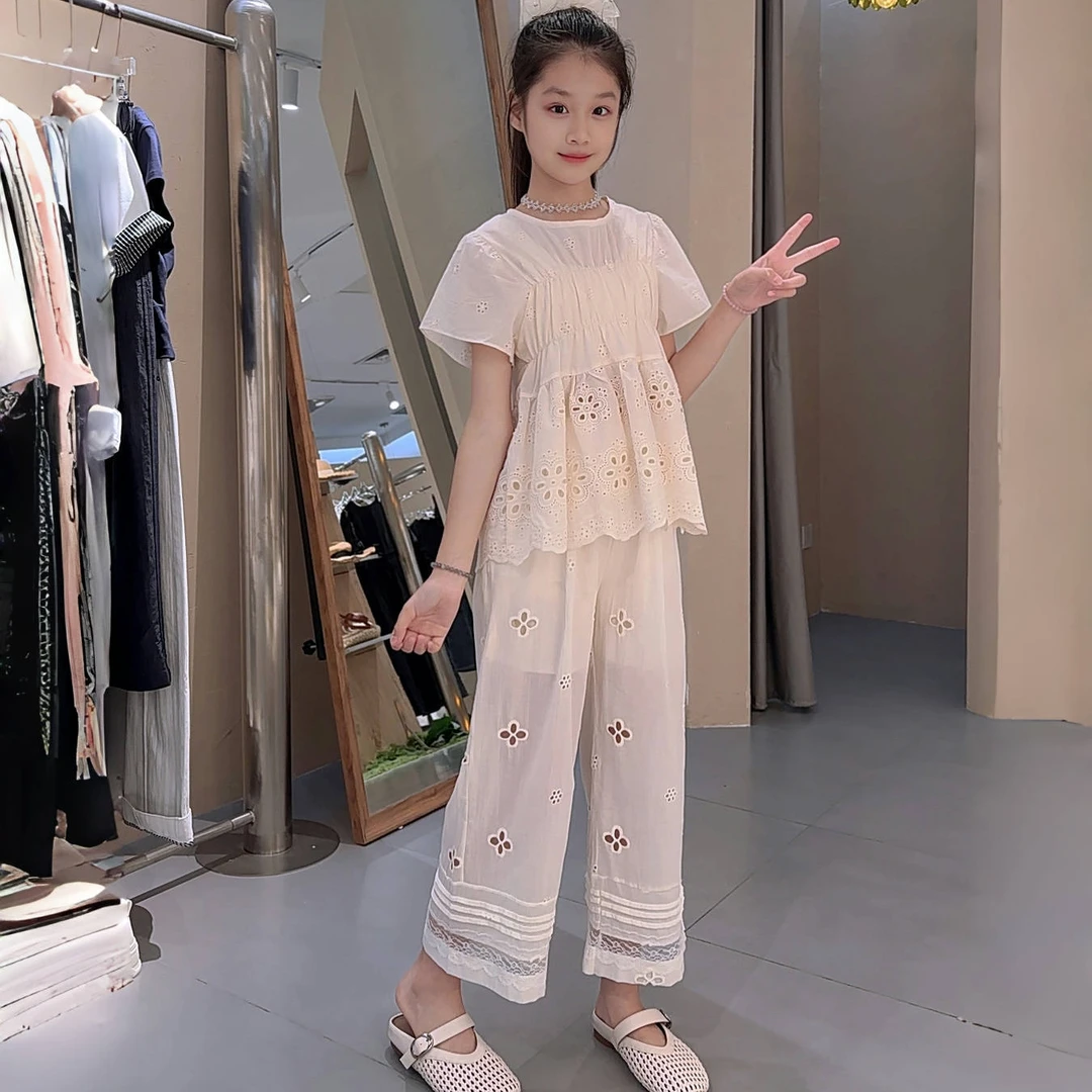 女童裤子夏季2025新款外穿韩系时髦夏装镂空阔腿裤洋气儿童直筒裤