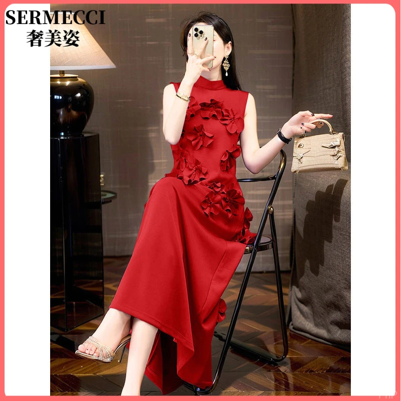 洋气时尚红色无袖气质2025年夏季宴会立体花朵减龄背心连衣裙