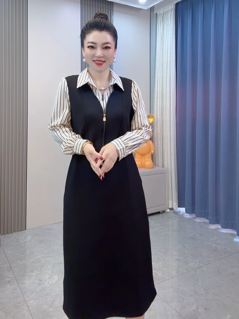 法式漂亮独特连衣裙女2025年春季新款大码显瘦假两件拼接条纹裙子