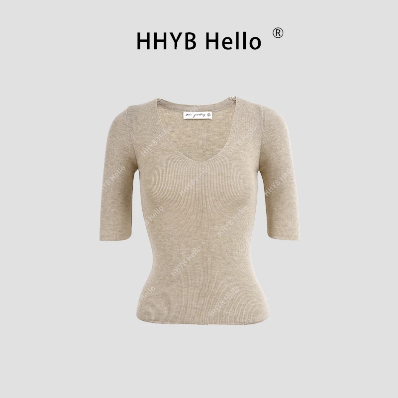 【YD】V领打底中袖针织衫修身显瘦上衣女M978