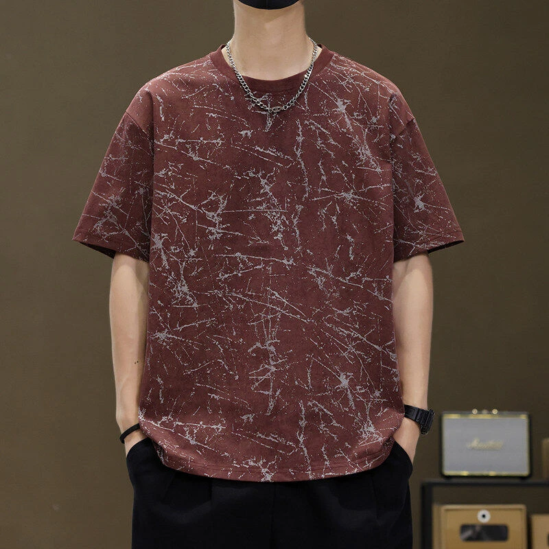 夏季棉质圆领T恤青年日系风烫金烧花短袖新潮流时尚打底77025