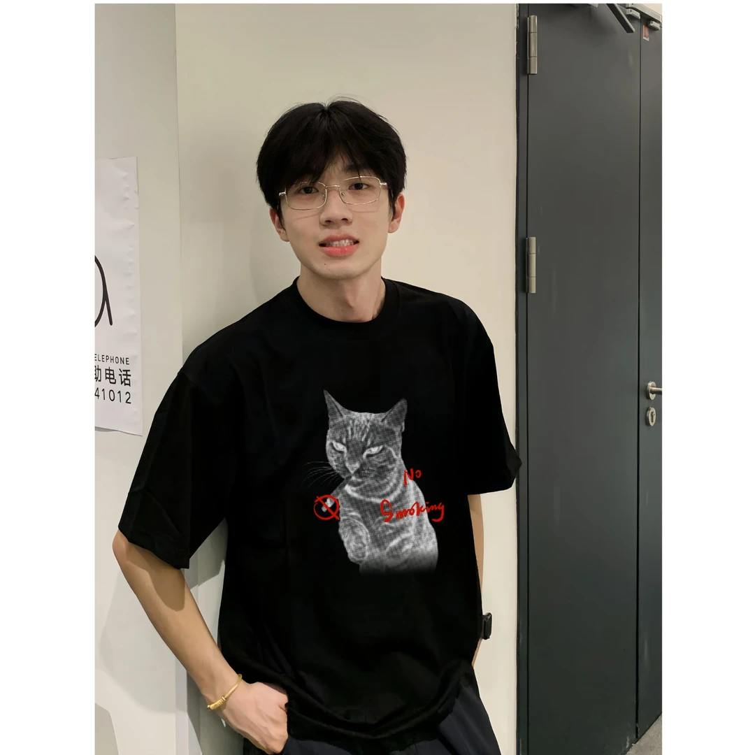 重磅设计感趣味复古印花美式短袖男夏季宽松痞帅纯棉t恤半袖上衣