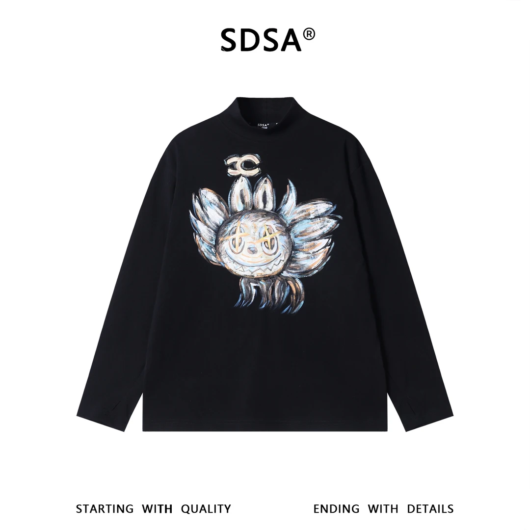 SDSA男士秋冬新款痞帅男装潮牌手绘卡通印花立领长袖T恤百搭时尚