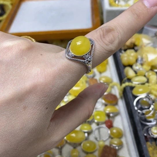 蜜蜡裸石银S925镶嵌戒指