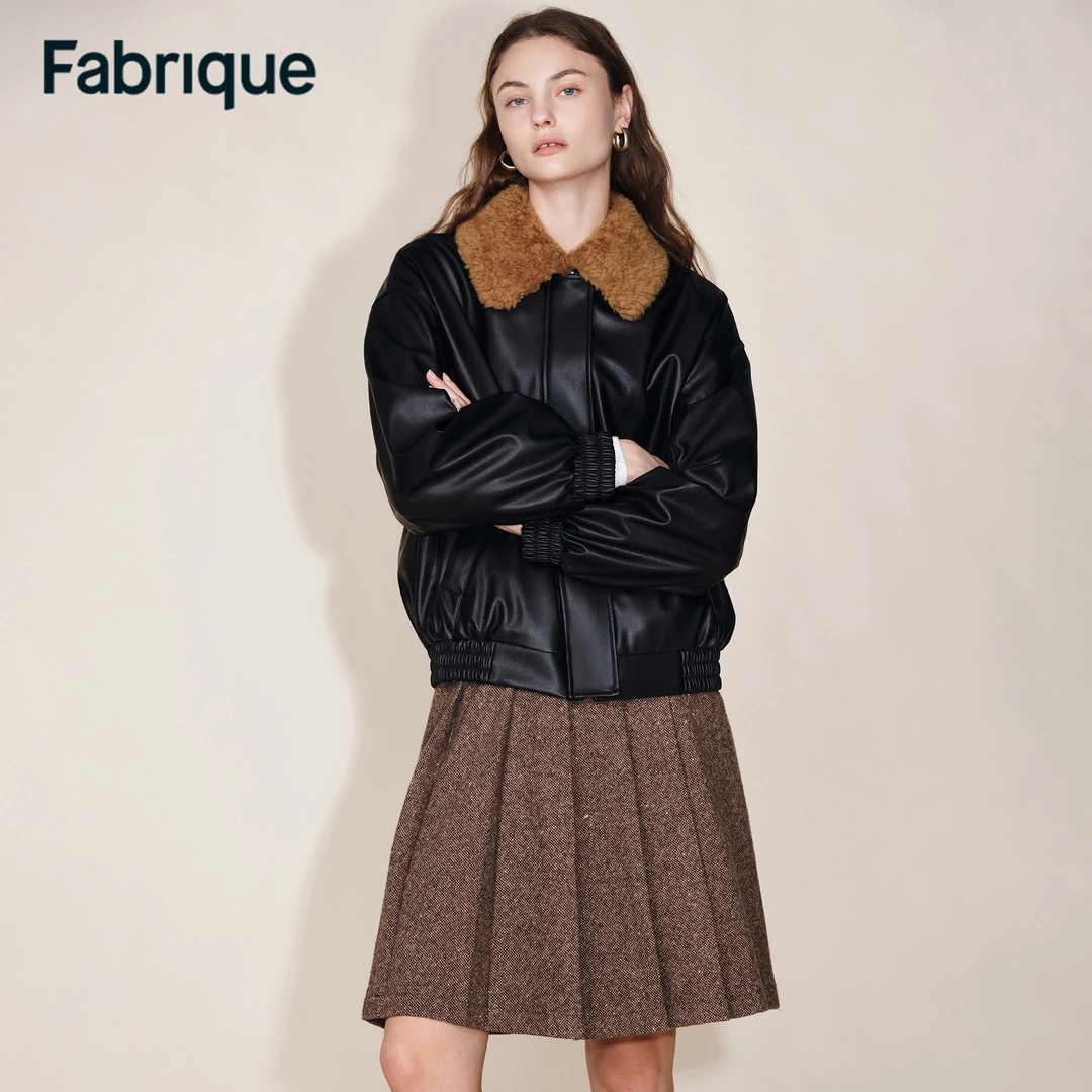 Fabrique Genesis 秋冬新品经典黑可拆卸毛领时尚环保皮夹克外套