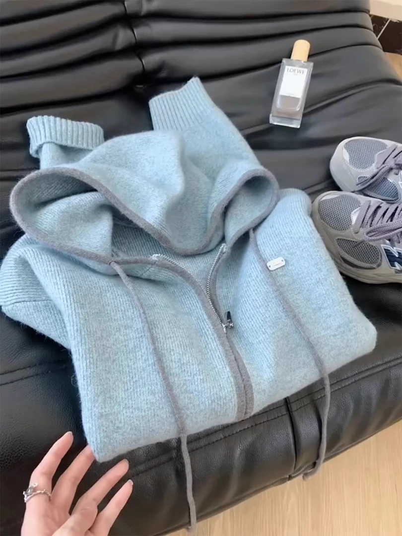 韩系撞色连帽毛衣外套针织开衫连帽软糯小香风气质慵懒风宽松洋气