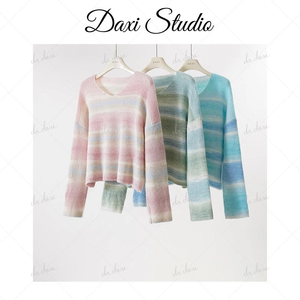 DX.DAXI【糖果缤纷】段染纱线针织衫女春季新款v领百搭宽松慵懒风