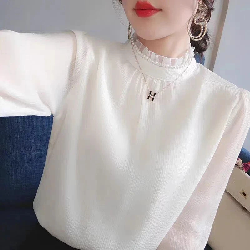 苏陌甜美女春秋洋气2025年新款半高领长袖百搭气质雪纺衬衫上衣