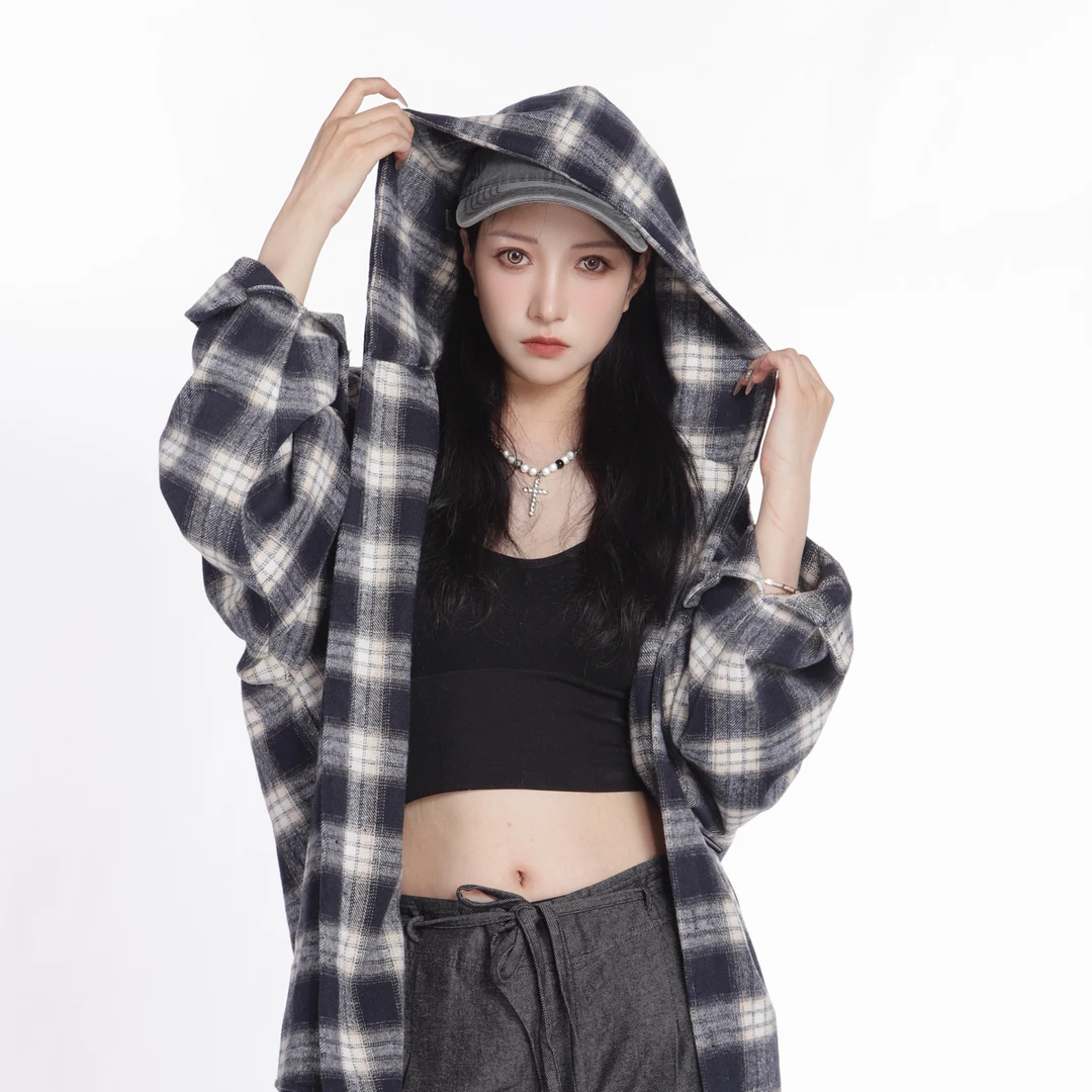 港味格子连帽衬衫男女春秋宽松慵懒复古休闲抗皱免烫加厚外套显瘦