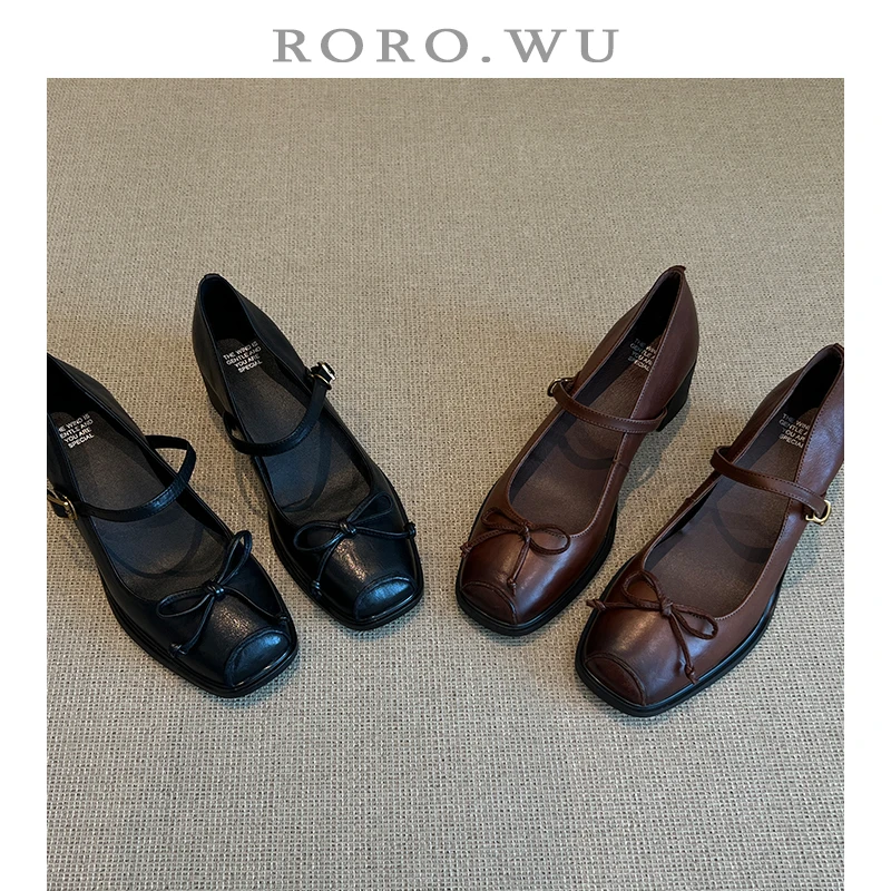 娆娆吴·头层水洗牛皮气质百搭舒适一字扣方头蝴蝶结中跟单鞋A70