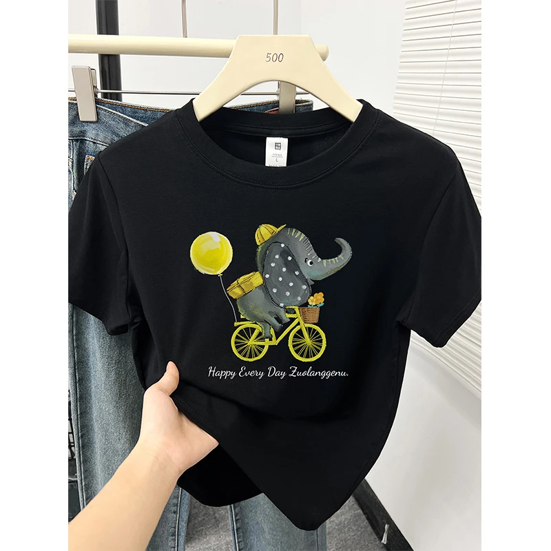 黑色显瘦正肩短袖T恤女夏新款韩版小个子圆领卡通印花设计感上衣