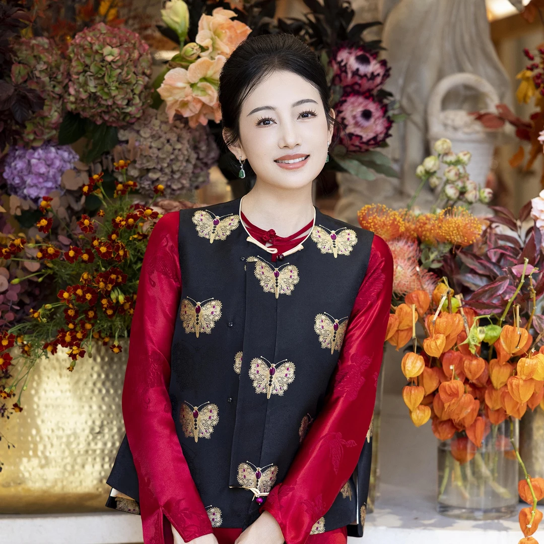 华裳格（活动）新中式上久楷黑金蝴蝶圆领对襟对花宋锦马甲HS130