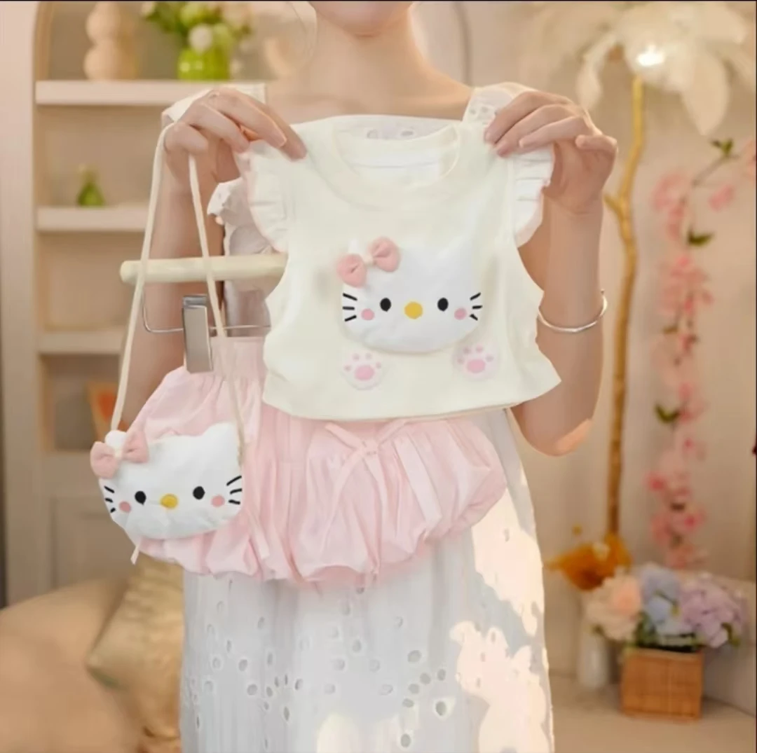 2025年夏季新款女童可爱飞袖粉色猫咪套装52336