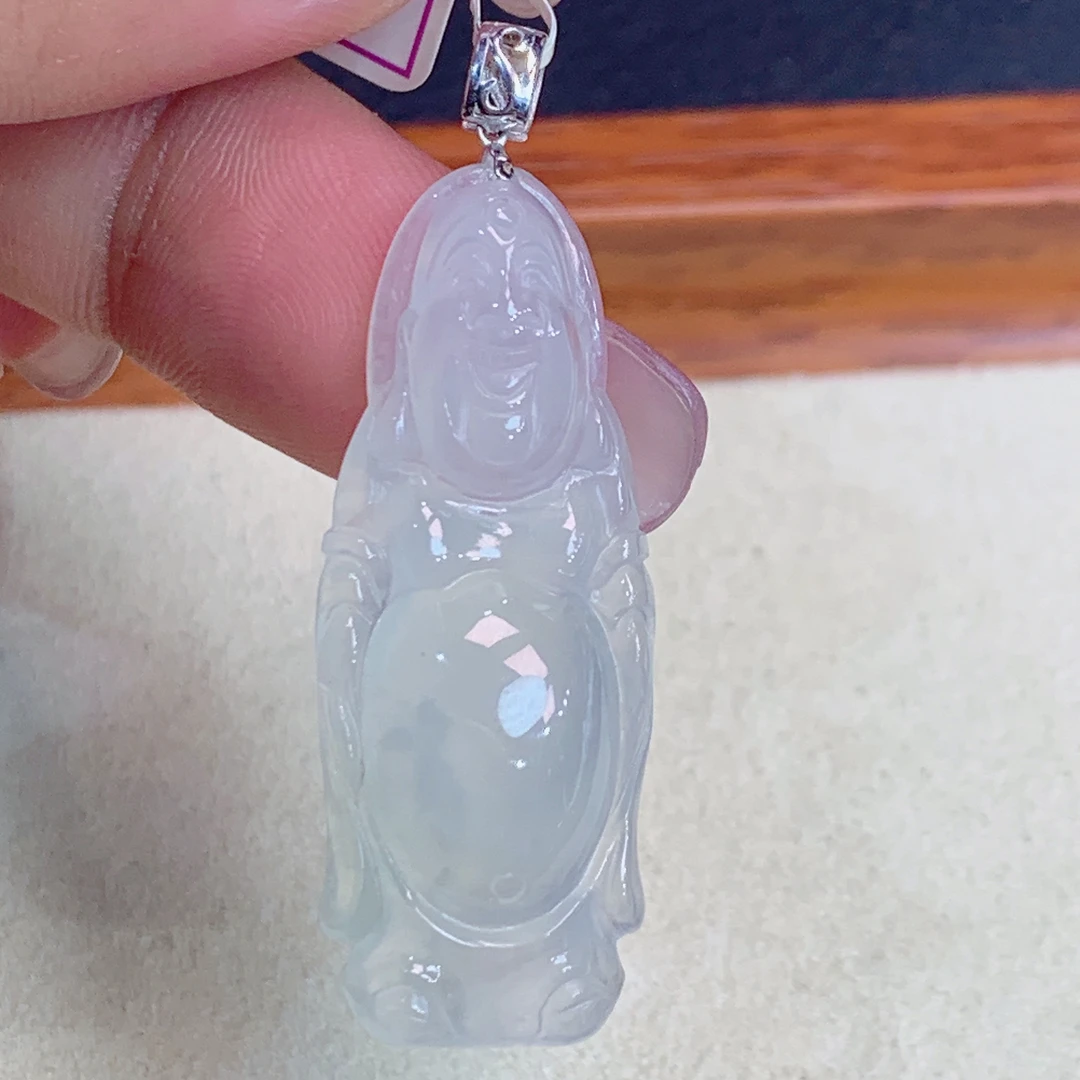 天然缅甸A货翡翠18k金冰胶白月光佛公吊坠j整42石35.6/13.8/6.9mm