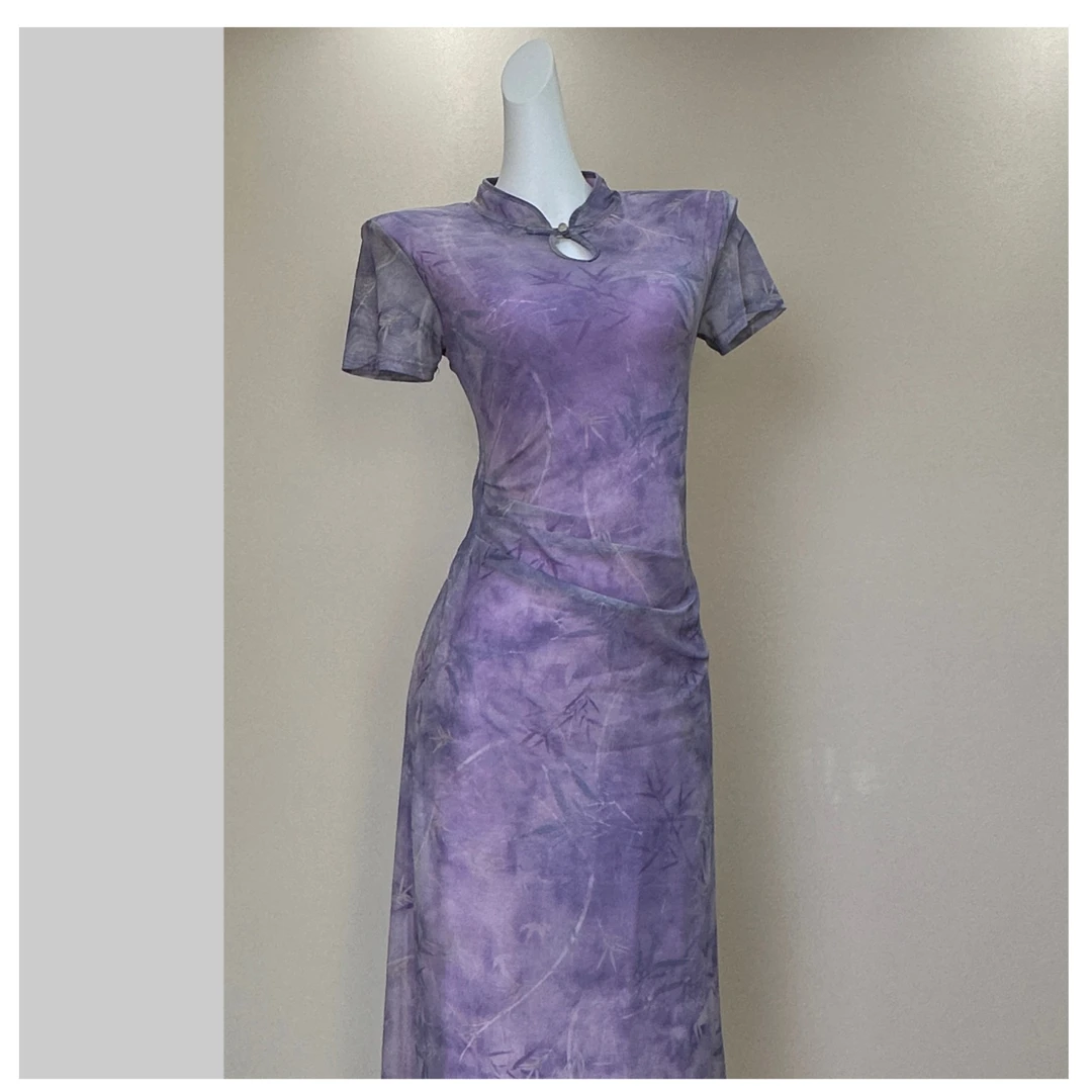 【现货】2025新中式扎染夏款旗袍裙女修身短袖印花显瘦减龄连衣裙