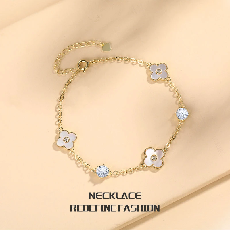 足银玻璃手链S925金色幸运草莫桑手链百搭ins气质高级感小众设计