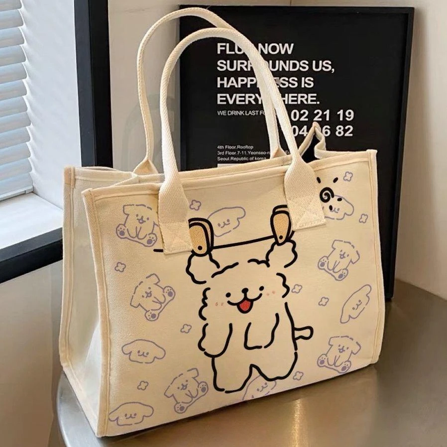 高颜值卡通小狗单肩包百搭大容量帆布包通勤托特包女学生外出书包