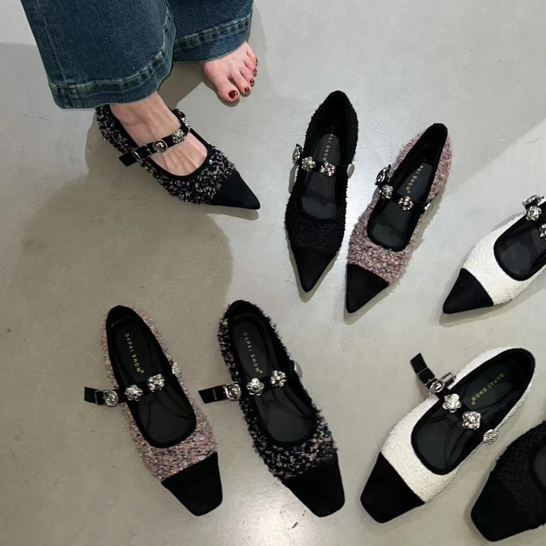 轻奢气质拼接一字带小香风勋章扣单鞋时尚百搭玛丽珍法式单鞋