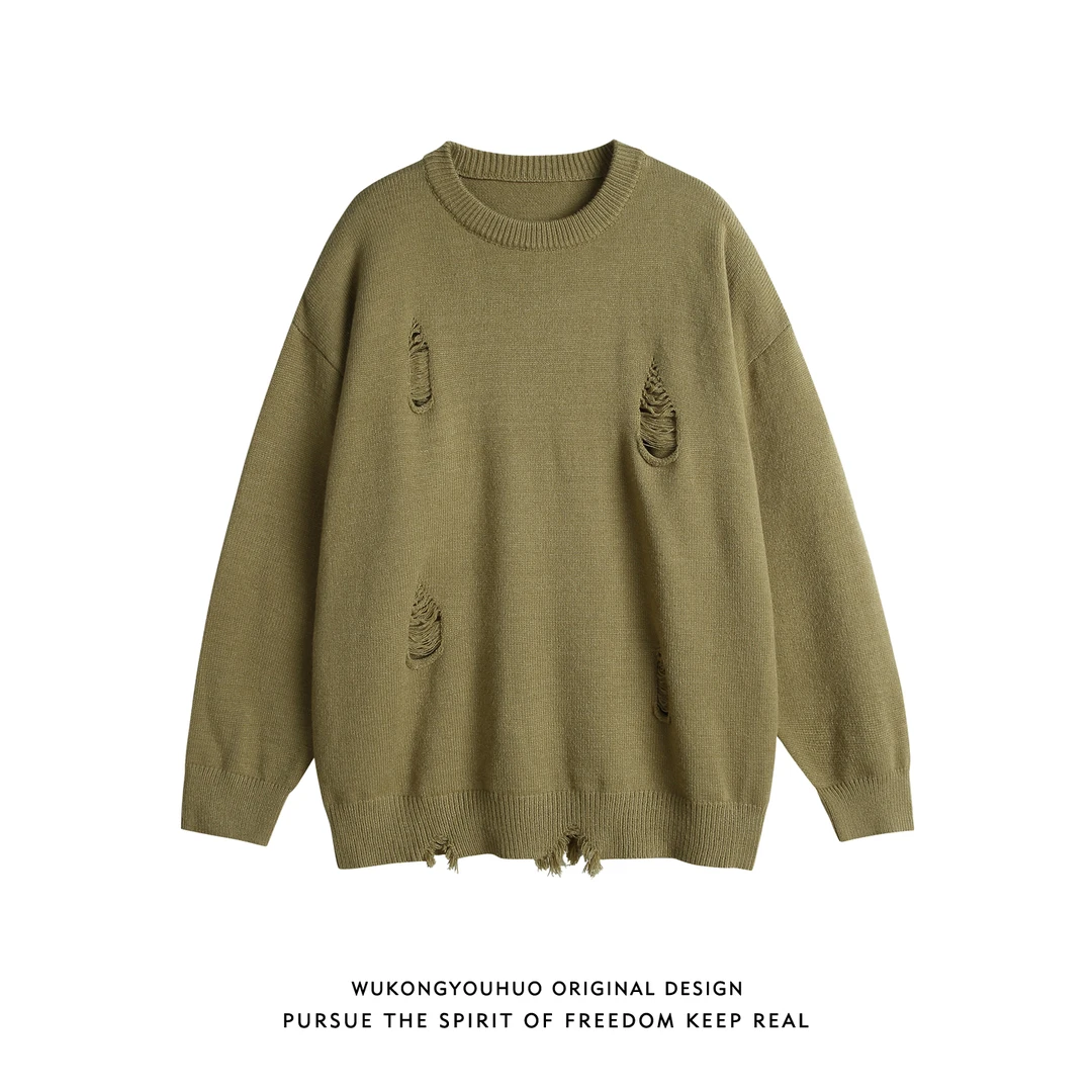 悟空有货美式复古破洞纯色圆领针织衫男秋季宽松慵懒休闲套头毛衣