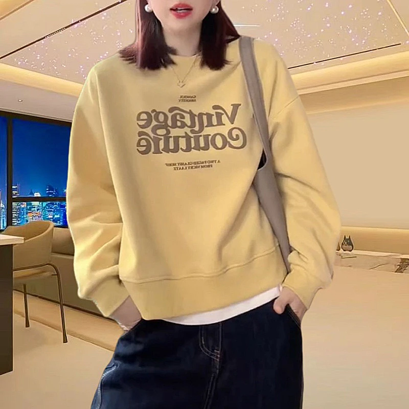 2025春装新款发泡印花短卫衣女宽松复古字母套头休闲圆领长袖上衣