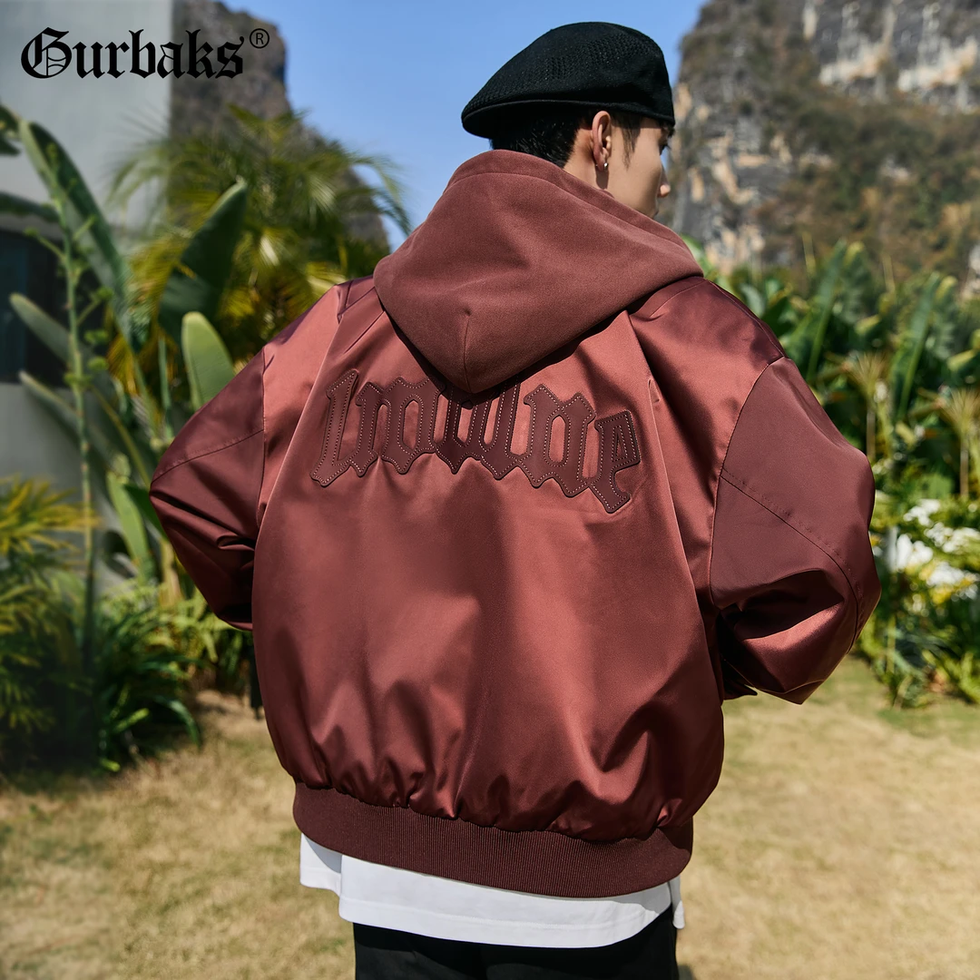 春秋新款重磅飞行员工装棒球服男潮流连帽两穿款刺绣外套