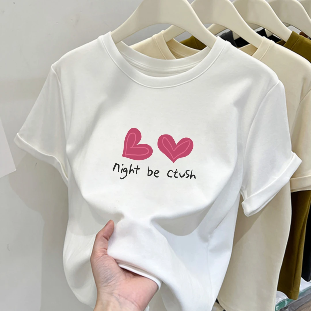 2025新款圆night爱心黑白图印花纯棉短袖女修身显瘦百搭上衣短款