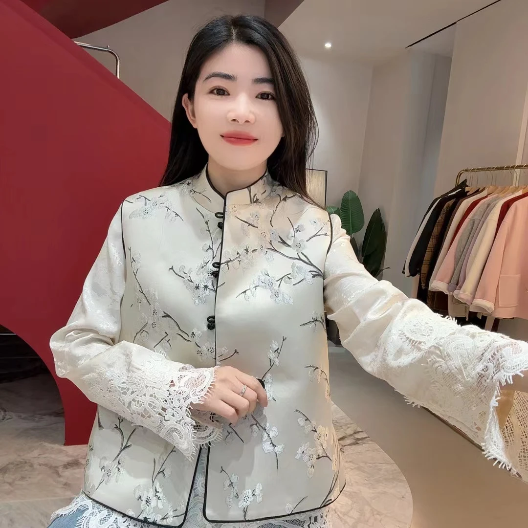 QC 252591 两面穿 立领梅花刺绣新中式提花马甲洋气国风上衣