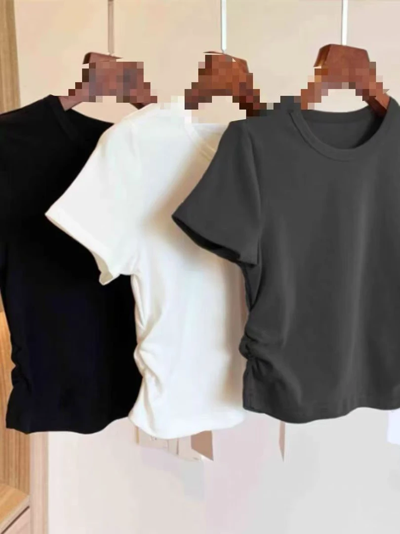 ZHANG&W1 夏季正肩褶皱收腰显瘦独特上衣短袖 0741