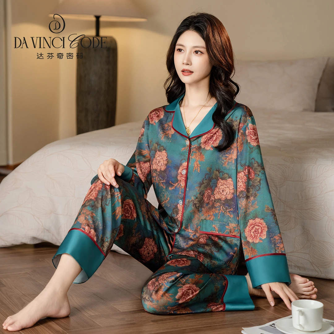 达芬奇密码2026新款爆款翠墨牡丹睡衣长袖短袖女士家居服宽松套装