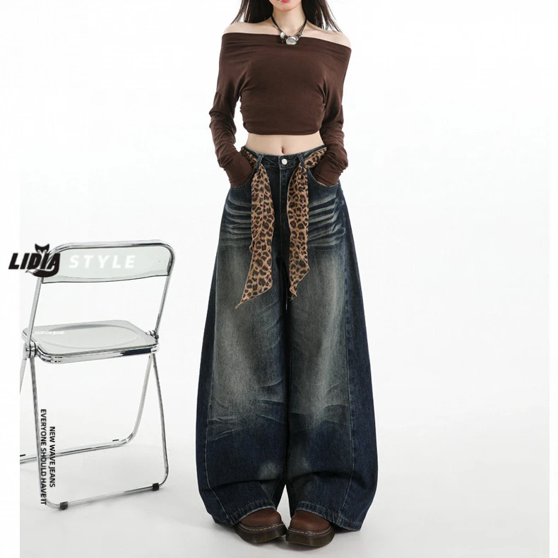复古高街阔腿牛仔裤女2025秋季新款潮牌设计感立体猫须宽松直筒裤