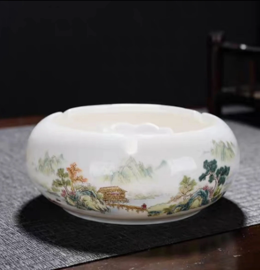陶瓷高端游春山居图白色家用款茶桌茶具配件烟灰缸创意瓷海ZH1233