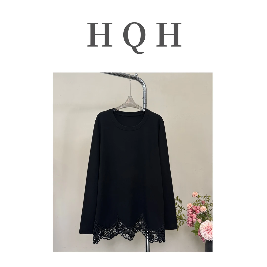 『1469#』法式设计款圆领镂空蕾丝拼接百搭中长款宽松显瘦长袖上衣