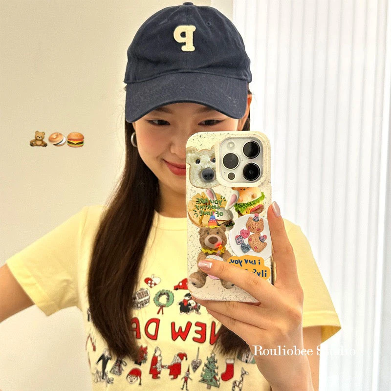 韩风涂鸦小熊14promax手机壳iPhone13可爱12防摔11小麦壳xr女