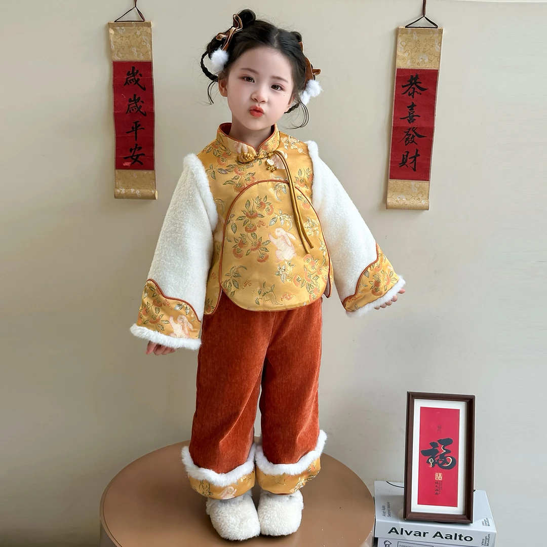 女童拜年服加绒冬装国风女宝宝加绒新中式唐装演出服加厚冬装年衣