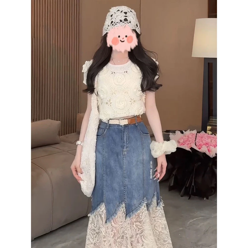 2025夏季新款洋气减龄气质蕾丝上衣+蕾丝拼接牛仔半身裙两件套女