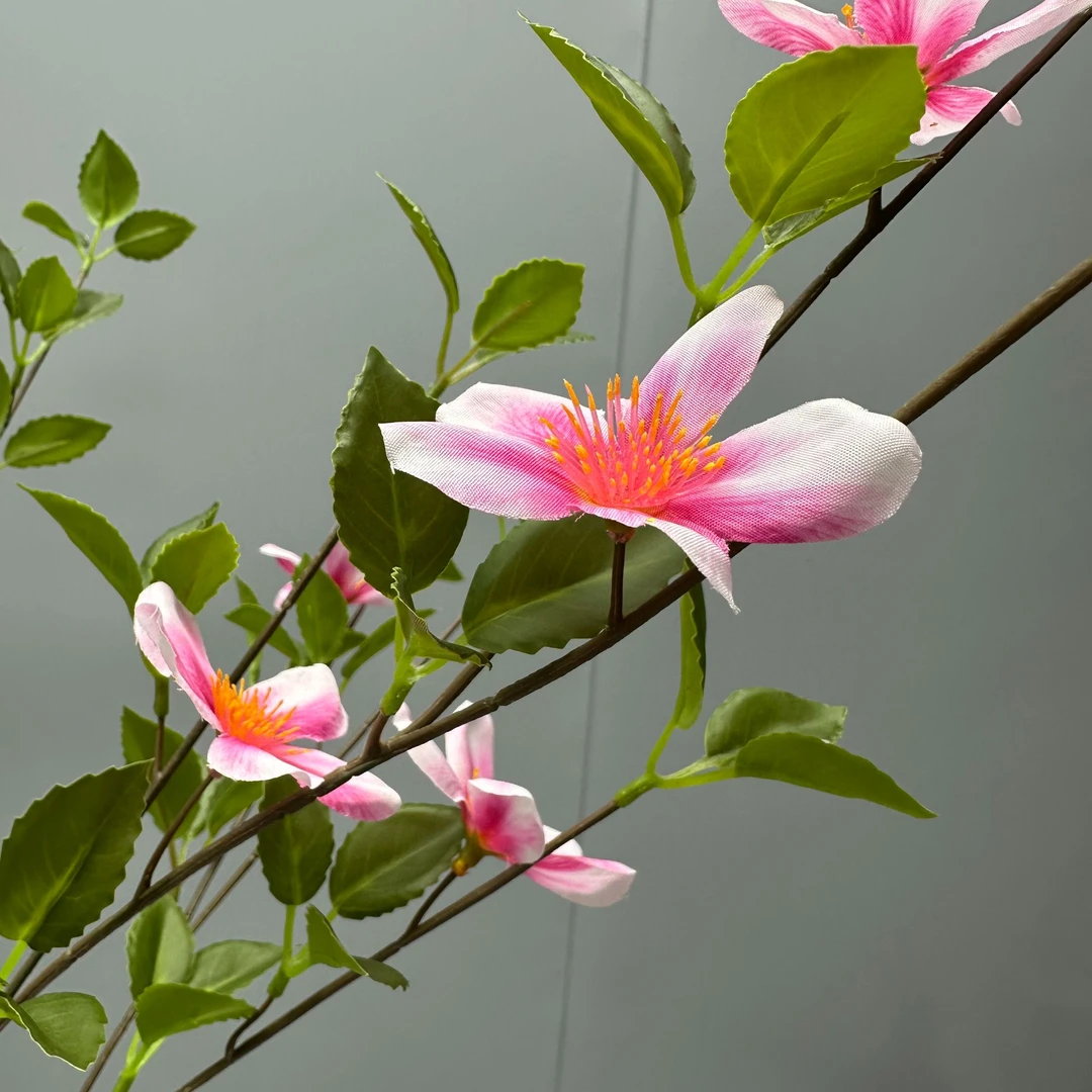 樱花叶仿真花枝室内高端装饰玫红色三枝