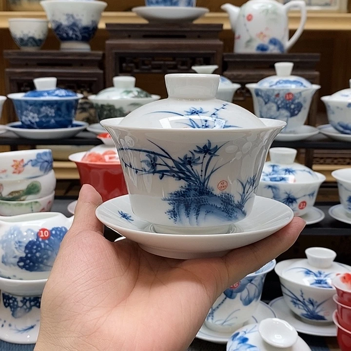 手绘兰花盖碗200cc釉下彩高温瓷微瑕福利款