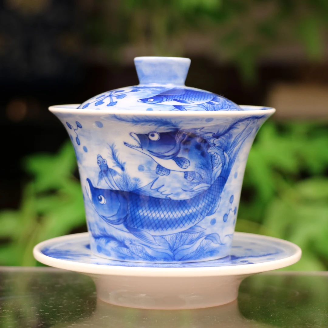 高端茶器复古纯手绘青花釉下彩鱼藻陶瓷茶水盖大盖碗主人杯品茗杯