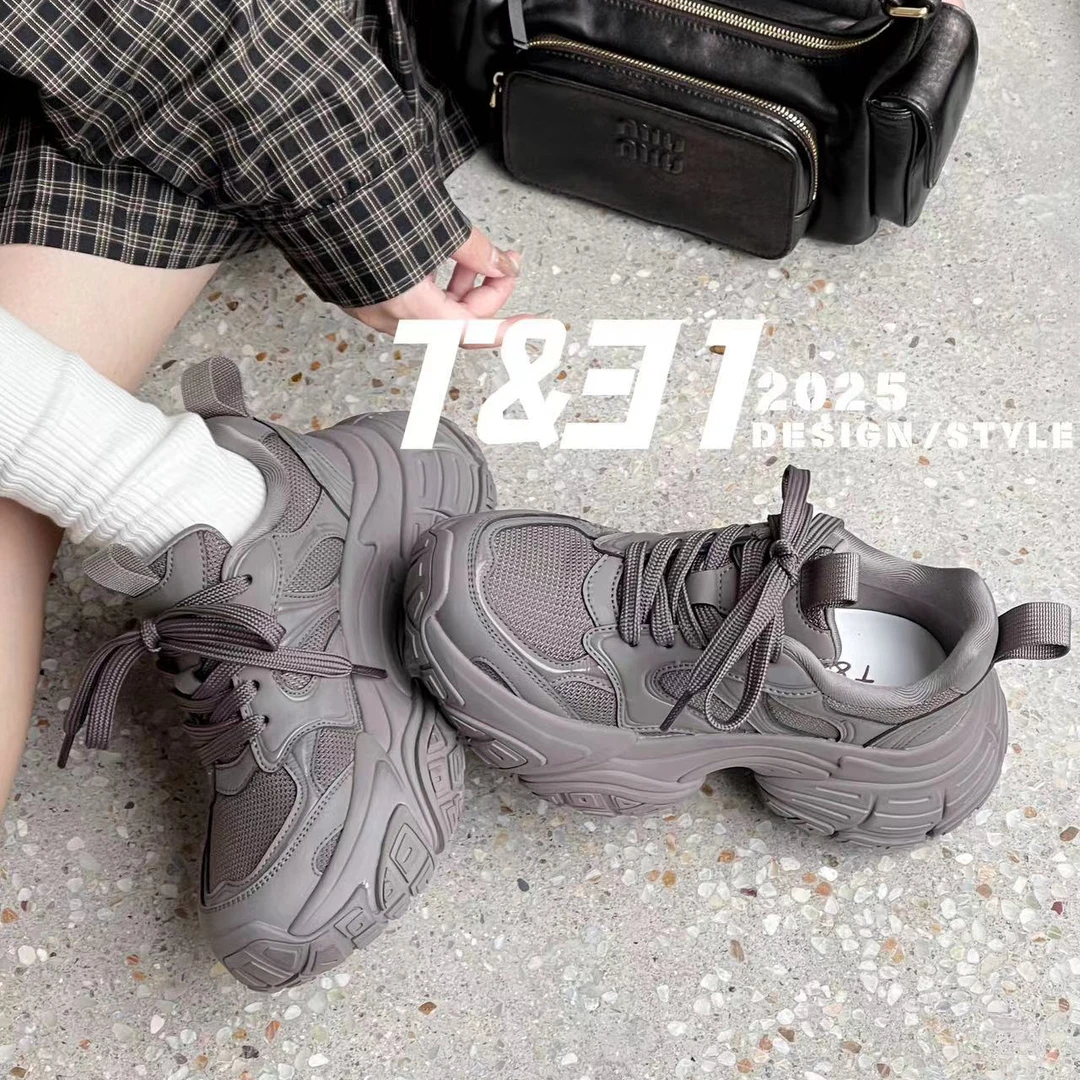 T31女鞋2025秋季新款厚底增高老爹鞋女百搭休闲系带运动跑步鞋女
