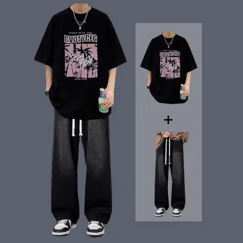 休闲套装男生夏季潮流港风短袖T恤男装一套搭配牛仔裤学生两件套