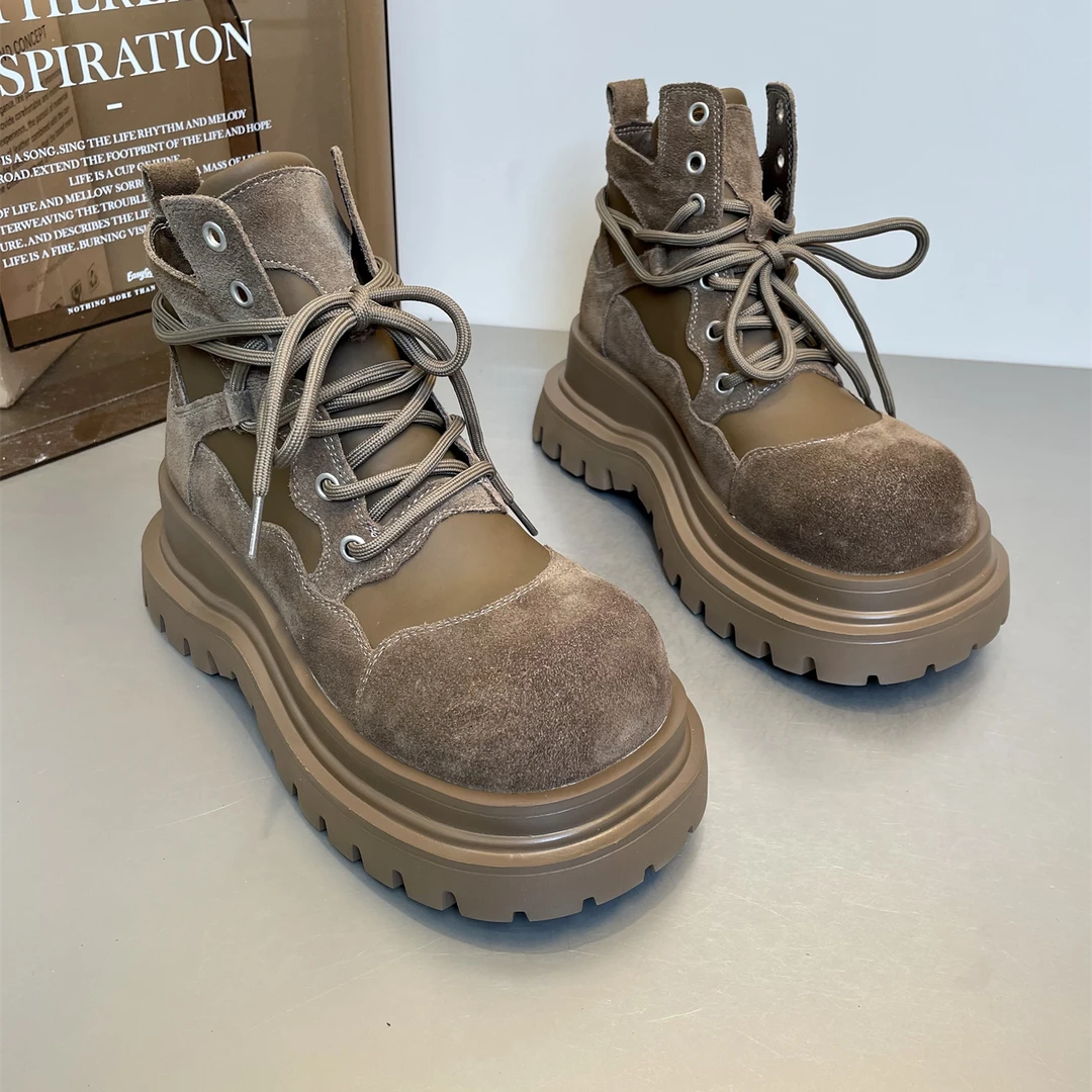 欧洲站欧货潮小个子松糕厚底马丁靴女时尚复古擦色磨砂皮系带短靴