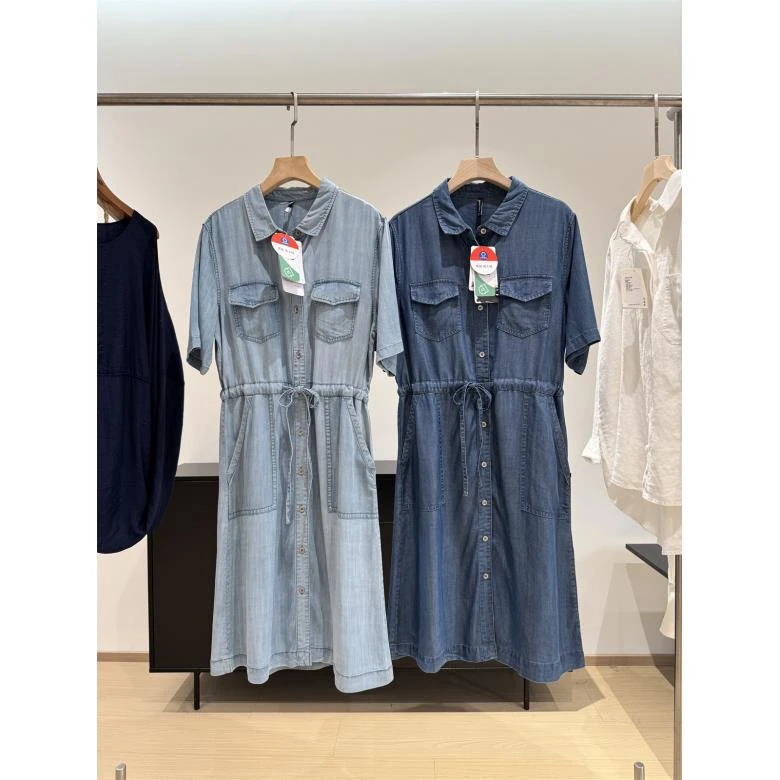 夏季新款薄款天丝牛仔连衣裙女抽绳松紧腰短袖中长裙子女潮