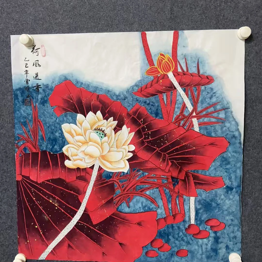 四尺斗方工笔画红荷一副