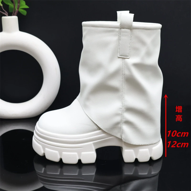 12公分增高短筒靴女2025秋季新款10cm厚底堆堆裤管靴白色中筒靴子