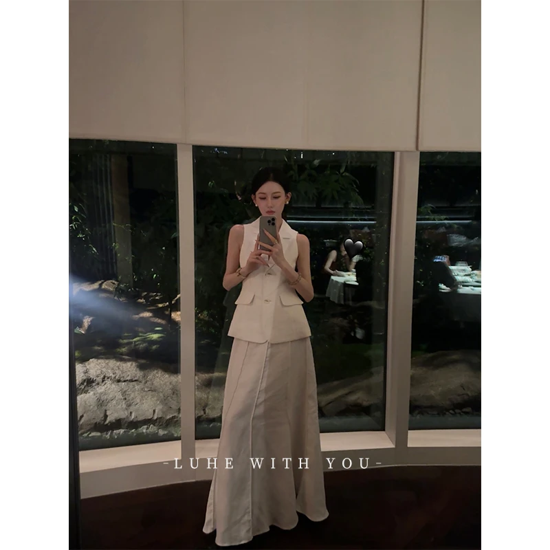 LUHE【纽约时代】hehe私服~静奢100亚麻西装马甲+半裙