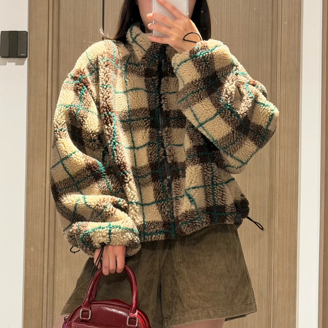 【南油喵喵】冬季撞色格纹拉链羊羔毛摇粒绒短款外套女