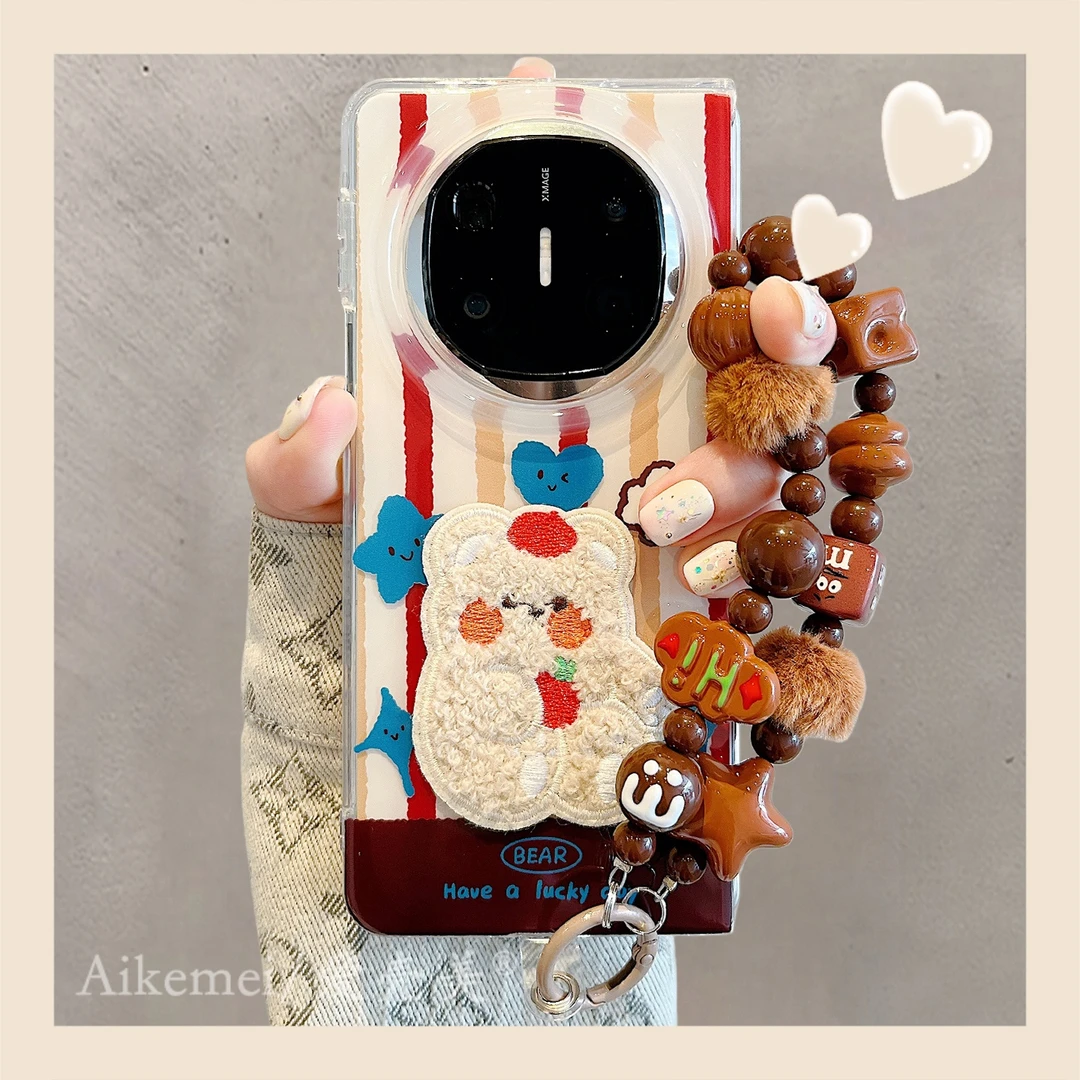 适用华为mateX6折叠屏手机壳MateX5典藏版红黄条纹X3樱桃刺绣小熊