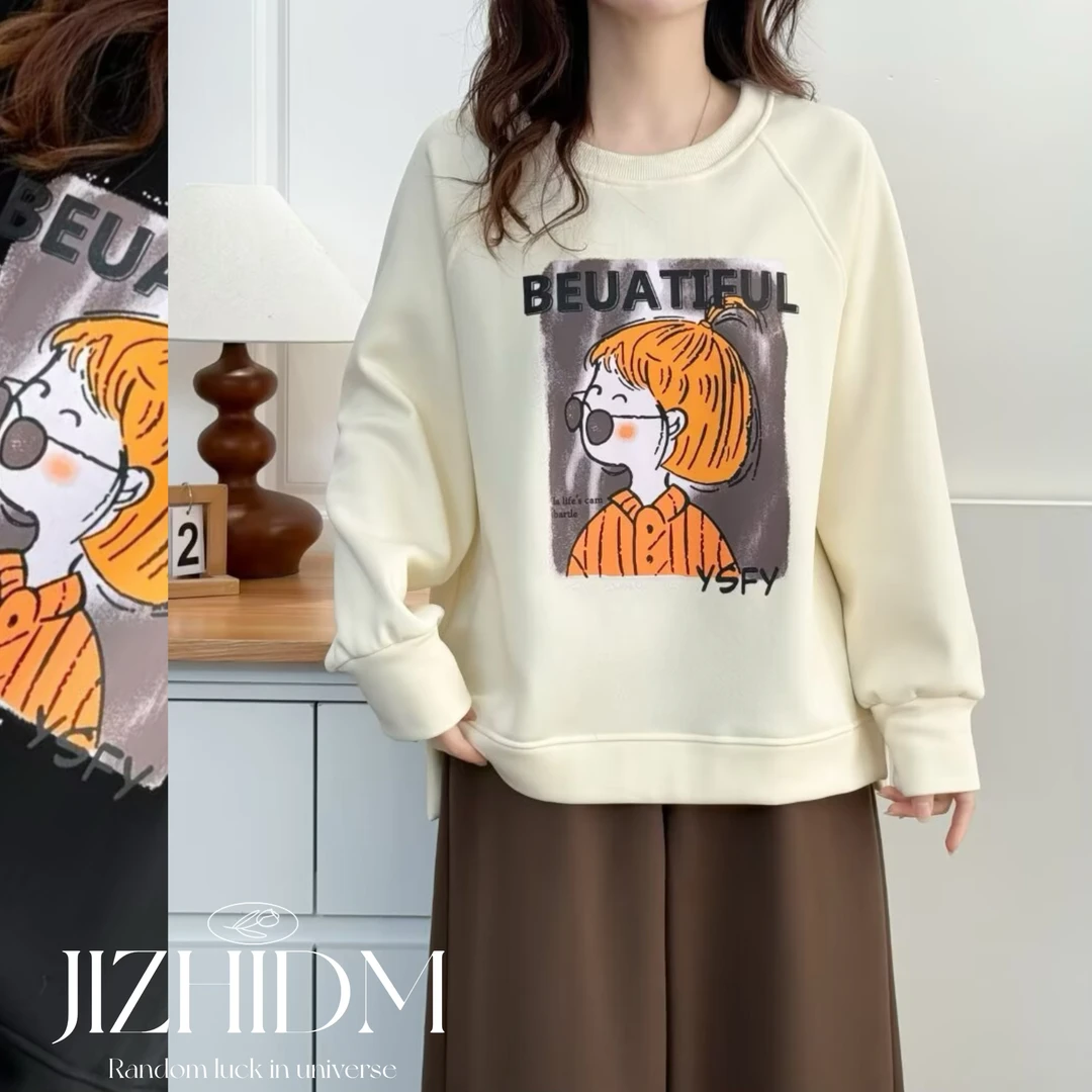 【100-200斤】冬季加绒保暖卡通印花圆领宽松显瘦卫衣女休闲百搭