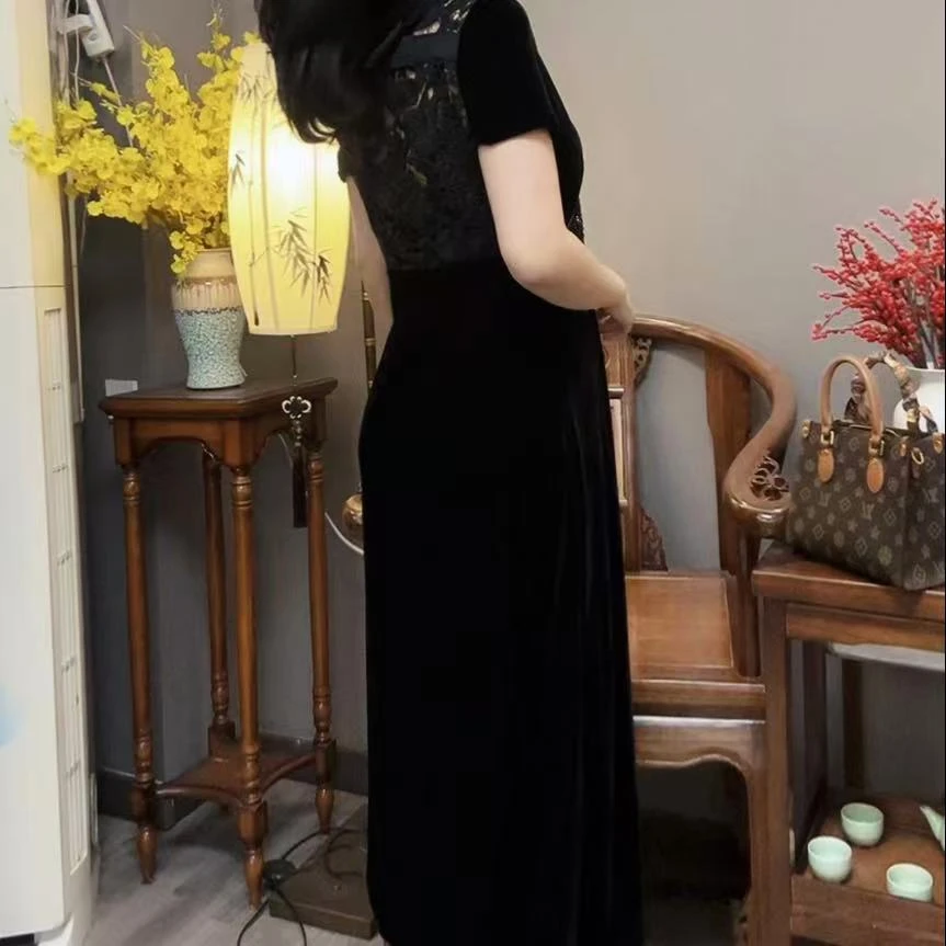 【峰姐女装】时尚后蕾丝美背流苏丝绒连衣裙1158【KX】