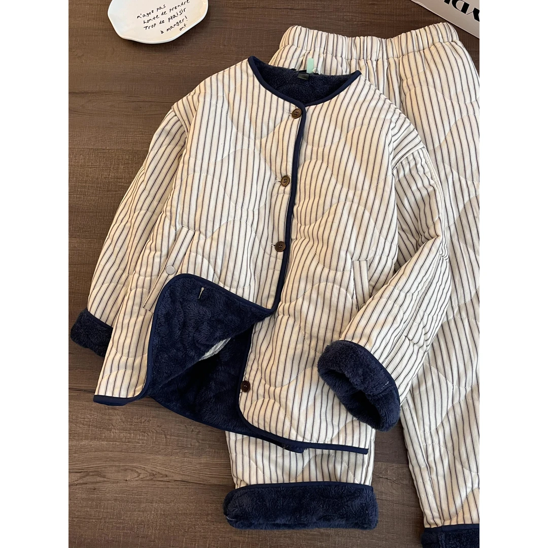 韩版撞色开衫外套夹棉睡衣女冬季条纹长裤加绒棉服保暖家居服套装